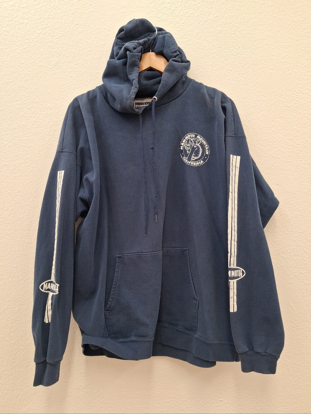 Vintage 80s Mammoth Mountain Cali Gray Pullover Hoodie Striped Sleeve Size LARGE